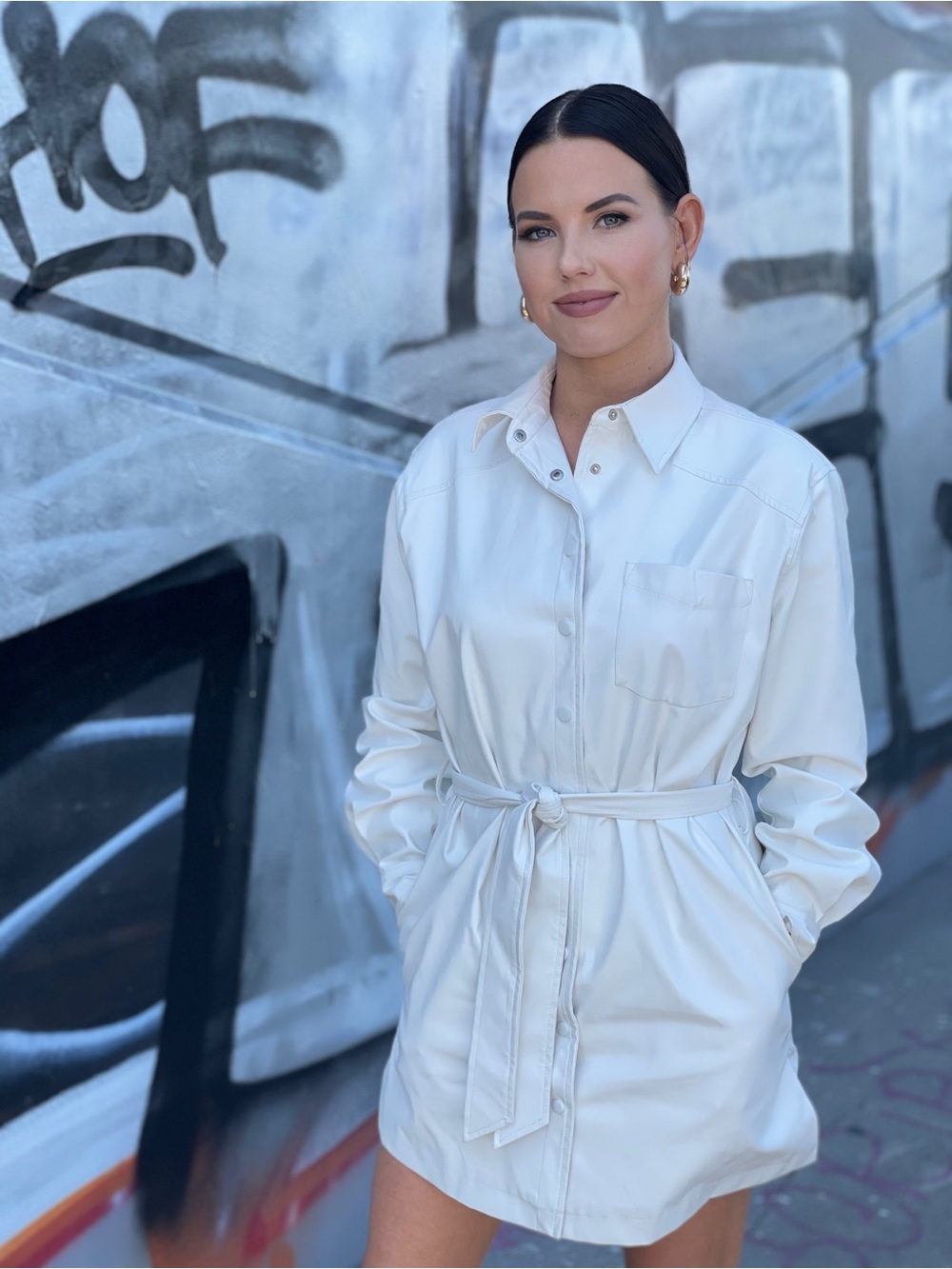 Women's White Belted Mini Shirt Dress with Pocket
